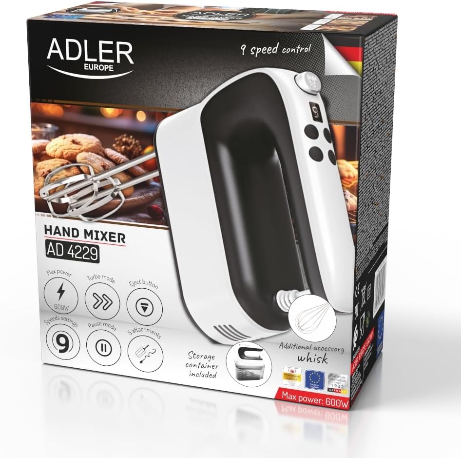 Adler AD 4229 Elektrischer Handmixer, 5 Zubehörteile, digitale Geschwindigkeitsregelung, Turbo, Weis