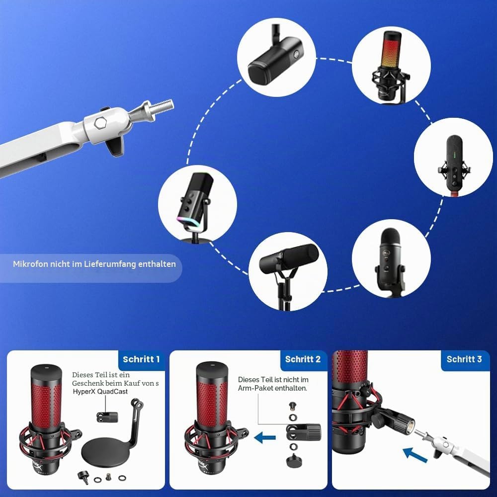 Mikrofonarm Niedrigprofil mit 15cm Verlängerung, Verstellbarer Mikrofonarm aus Metall, Kabelmanageme