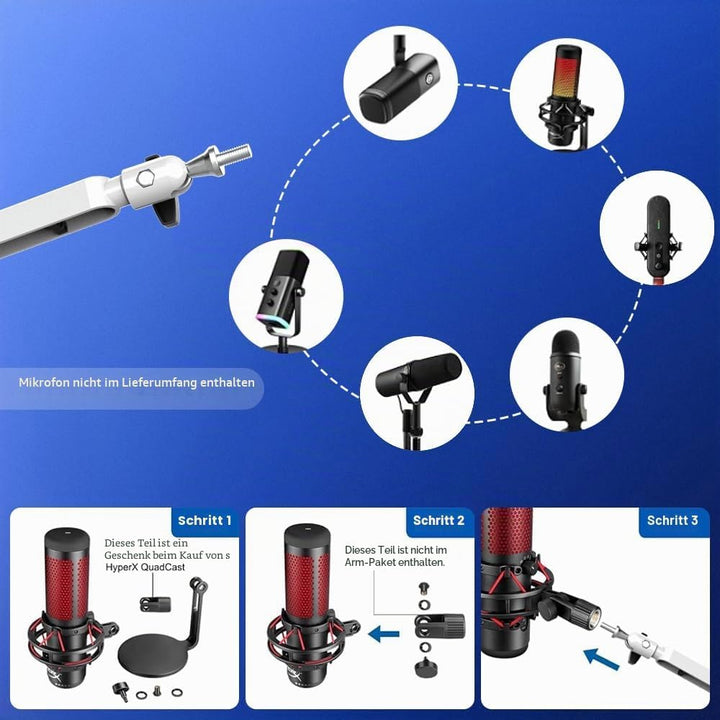 Mikrofonarm Niedrigprofil mit 15cm Verlängerung, Verstellbarer Mikrofonarm aus Metall, Kabelmanageme