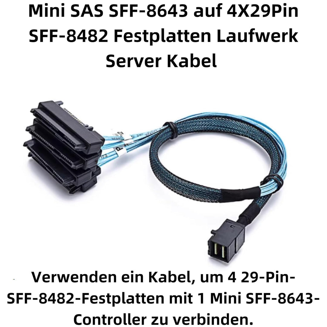 Bolwins P82CS Mini SAS SFF-8643 auf 4x SFF-8482 & 4x SATA 15pin Splitter Kabel – 1m Mini SAS SFF-864