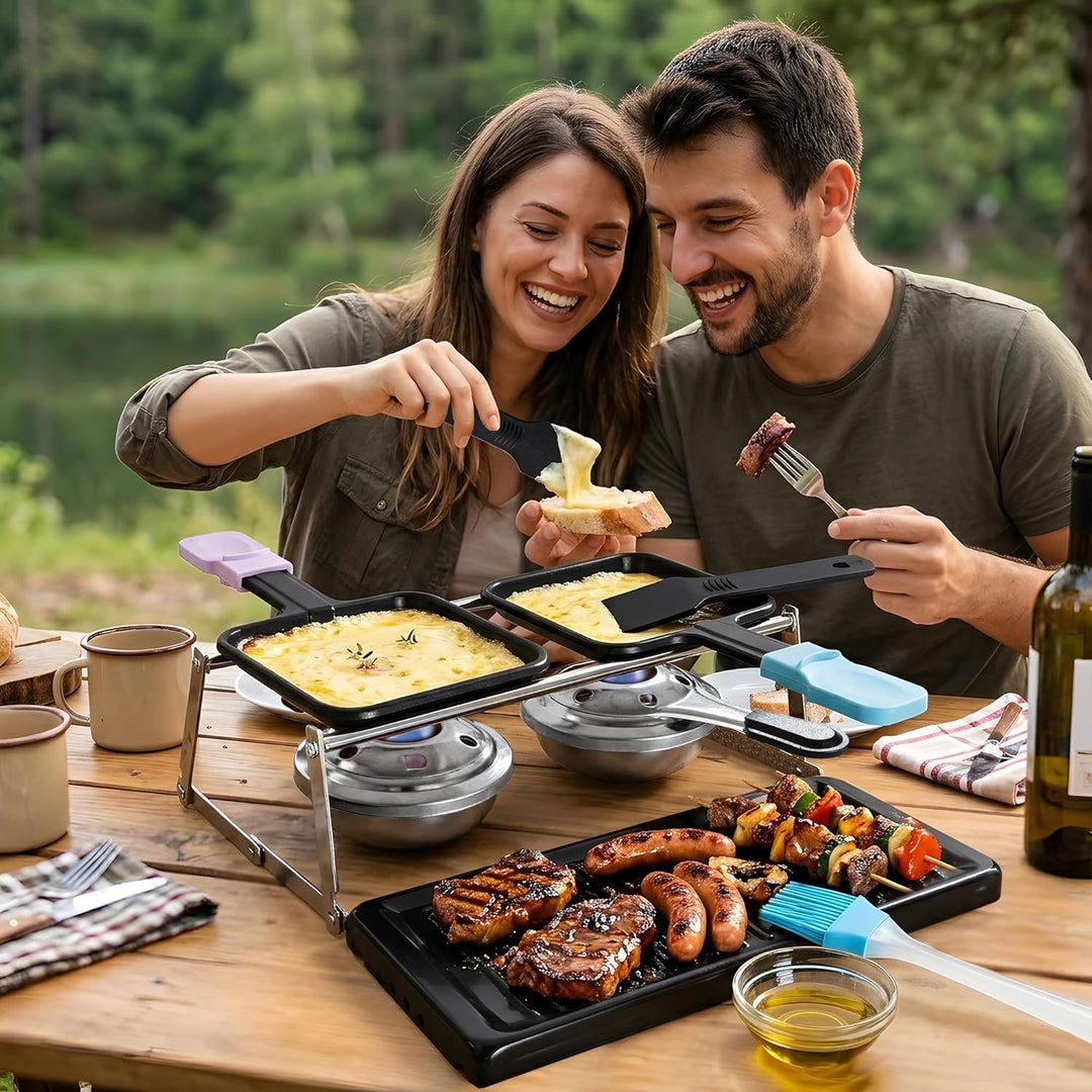 Tragbarer Mini Raclette Grill für 2 Personen, Antihaft Käse Schmelzer mit Grillplatte, 2 Brenner für