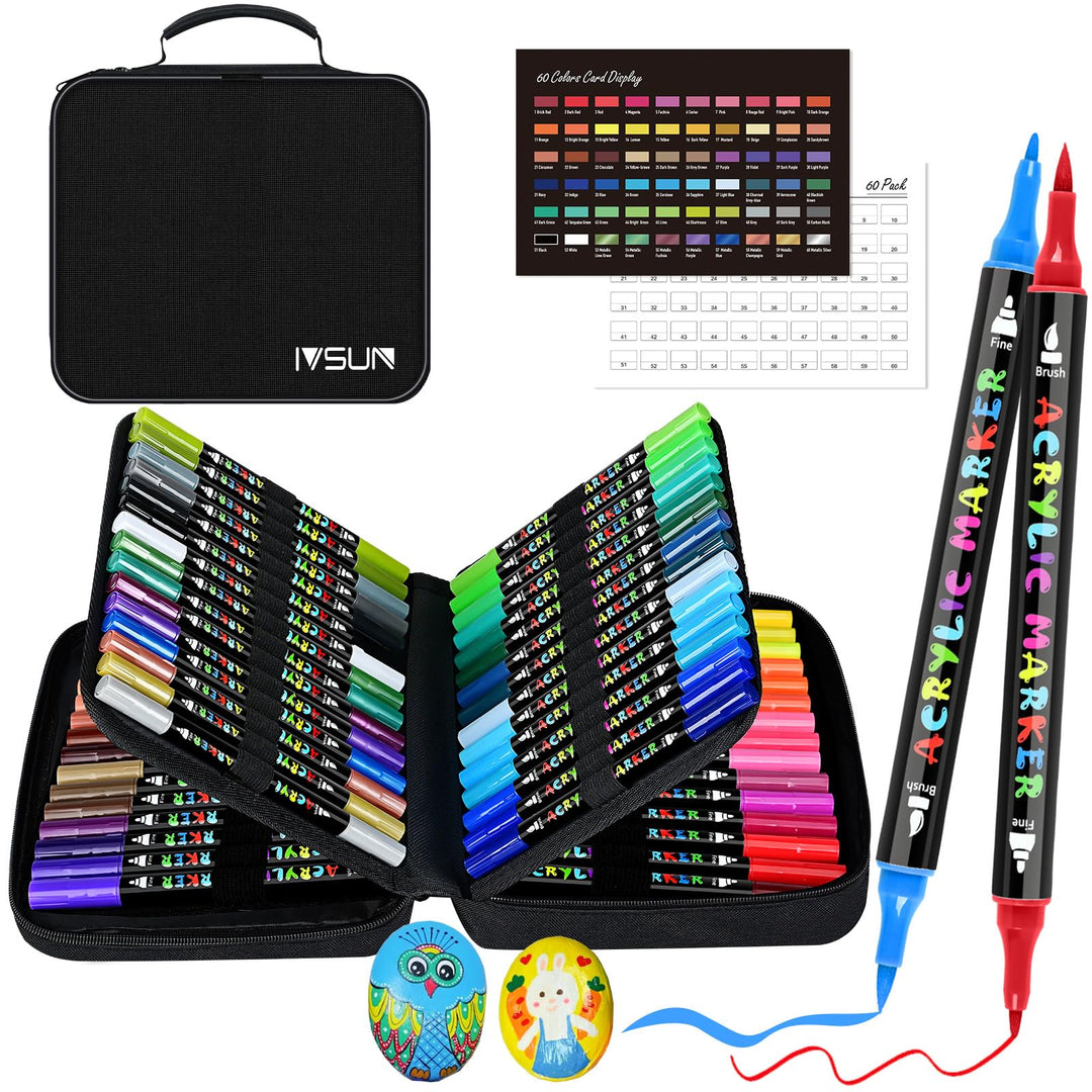 IVSUN 60 Farben Acrylstifte für Steine Wasserfest - Acrylmarker mit feine Spitze und Pinsel für Stei