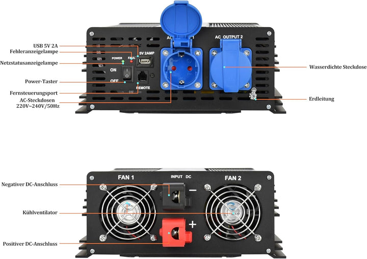 Reiner Sinuswelle Wechselrichter DC12V auf AC230W 50Hz mit Dual Shuko Buchsen, DC5V USB-Anschluss, L