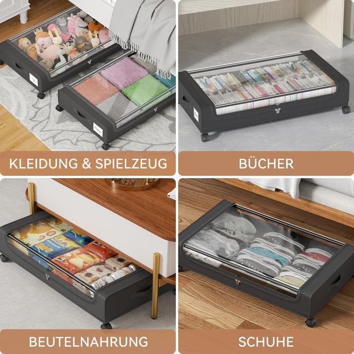 PHINOX Unterbett-Aufbewahrungsbehälter mit mit Rollen,2 Stück (74x42x16cm) -Schwarz Aufbewahrungsbox