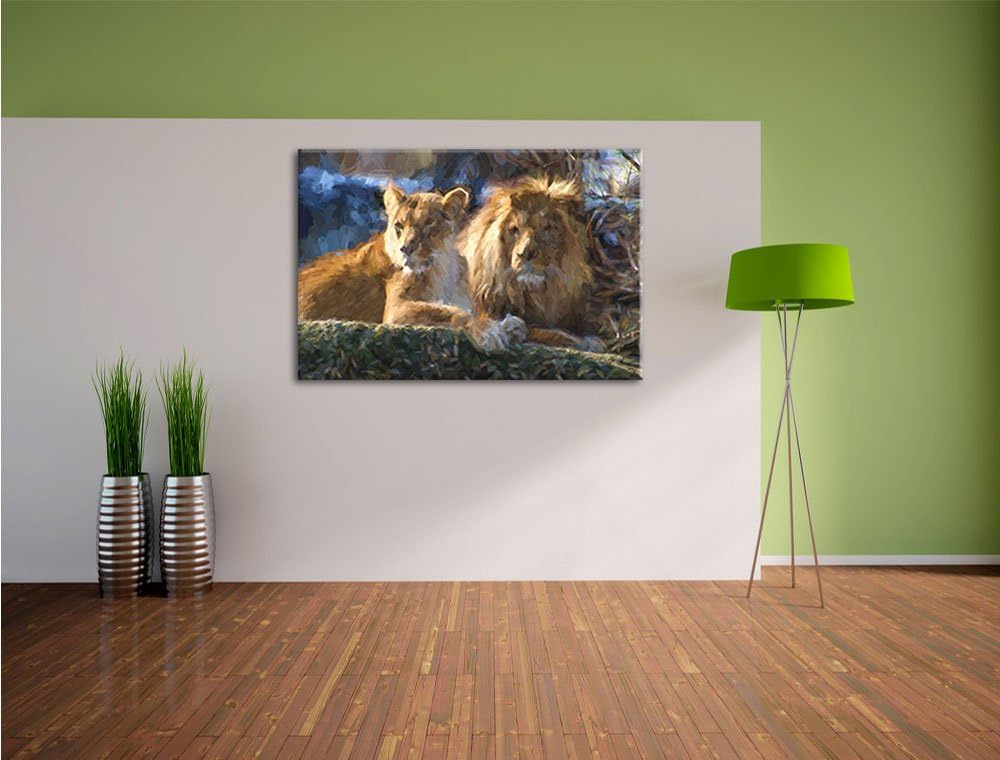 Pixxprint interessiertes Löwenpaar Kunst als Leinwandbild/Grösse: 100x70 cm/Wandbild/Kunstdruck/fert