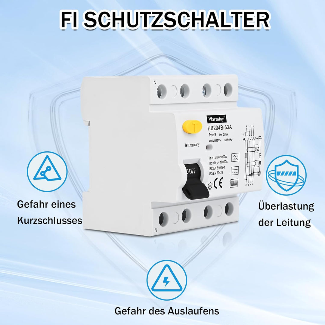 Warmfay FI Schutzschalter 63A 30mA 4 Polig, Fehlerstromschutzschalter Typ B Allstromintensiv Schalte