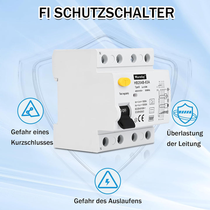 Warmfay FI Schutzschalter 63A 30mA 4 Polig, Fehlerstromschutzschalter Typ B Allstromintensiv Schalte