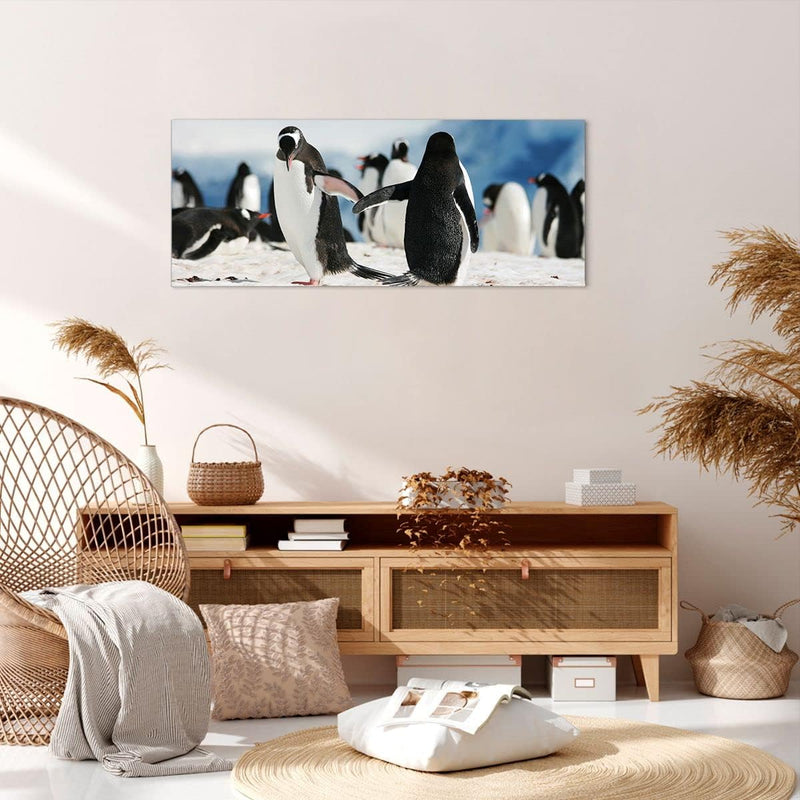 Wandbilder Dekoration Wohnzimmer Pinguine Winter Natur Schnee Panorama Bilder auf Leinwand 120x50cm