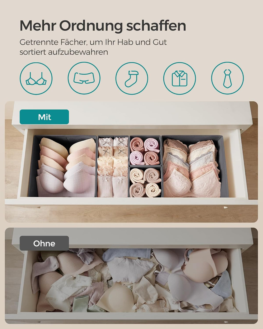 SONGMICS Aufbewahrungsbox für Schublade, 12er Set, Schubladen Organizer, Faltbox, Unterwäsche Organi