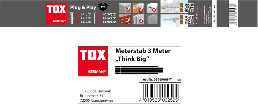 TOX Sortimentskoffer Plug & Play (320-tlg.) + THINK BIG 3m Zollstock, Dübelset inkl. Schrauben + Met