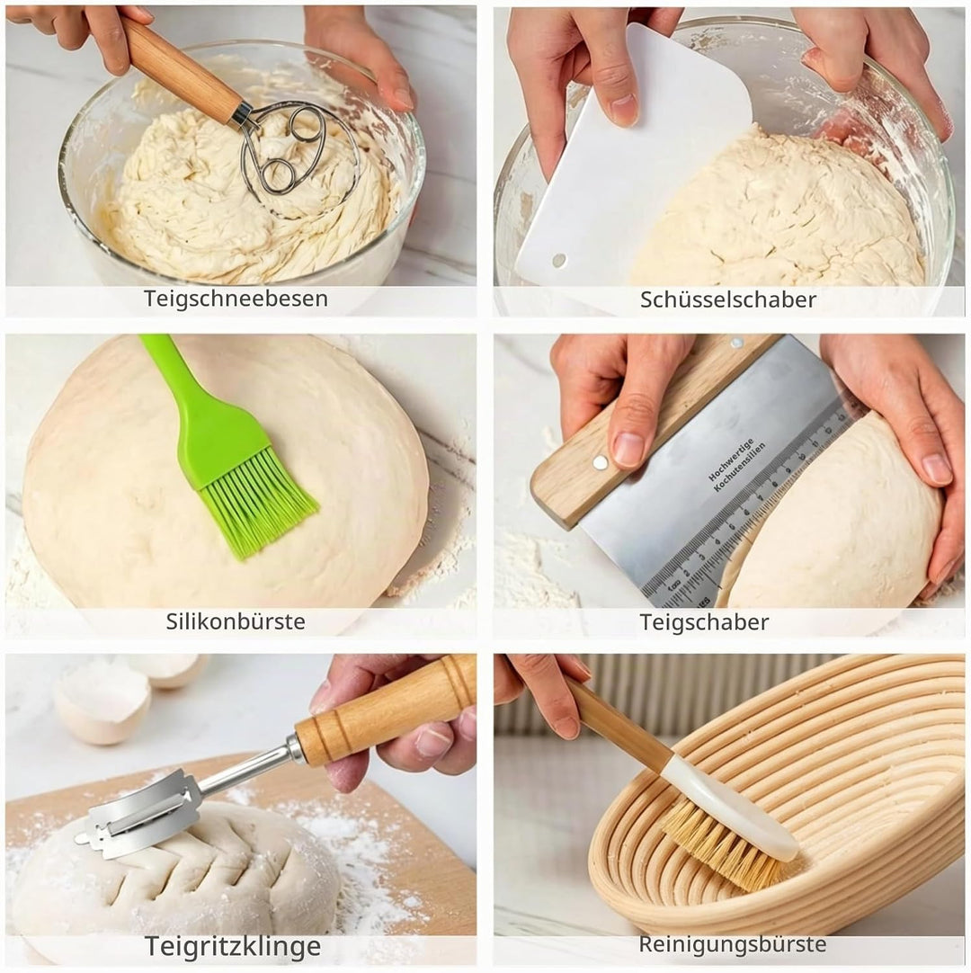 Gärkörbchen Set rund 23 cm aus natürlichem Rattan, Komplettes Brotbackset mit Bäckermesser, Teigscha