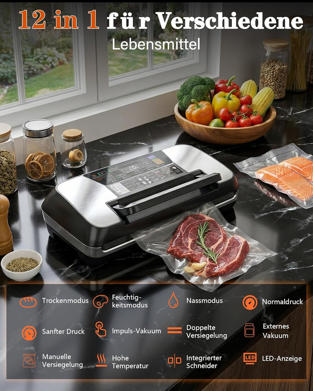 Vakuumiergerät für Lebensmittel 95 kPa, 12-in-1 Vacuum Sealer mit doppelter Schweissnaht, Easy-Lock-