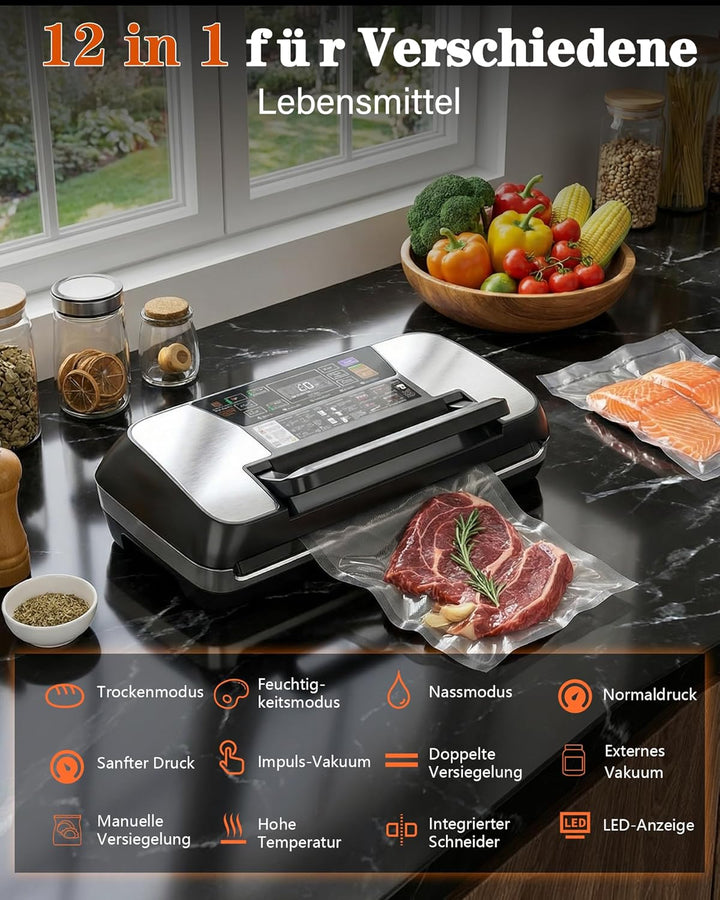 Vakuumiergerät für Lebensmittel 95 kPa, 12-in-1 Vacuum Sealer mit doppelter Schweissnaht, Easy-Lock-