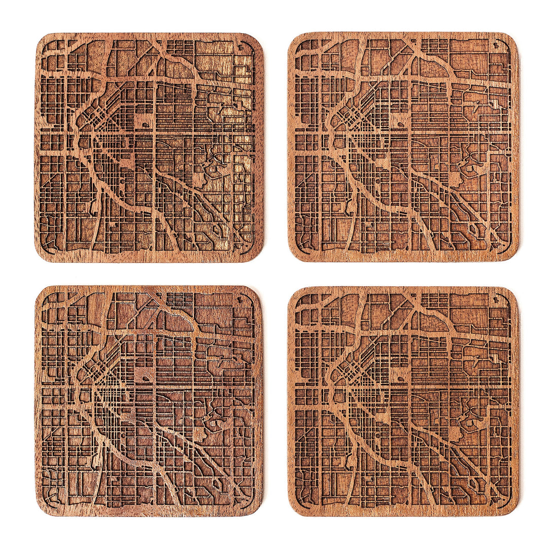 Denver Untersetzer mit Landkarte aus Sapeli-Holz, 4 Stück, mit Stadtkarte, mehrere Stadt optional, h
