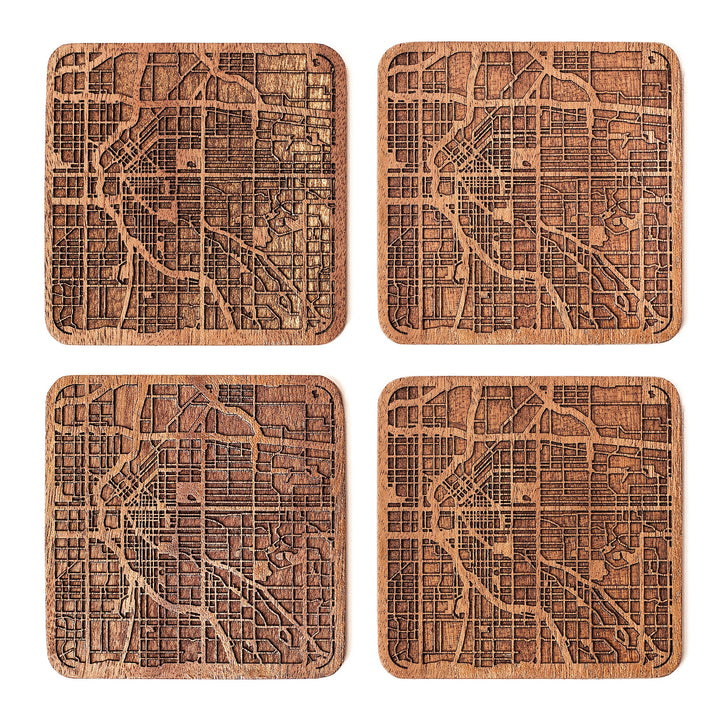 Denver Untersetzer mit Landkarte aus Sapeli-Holz, 4 Stück, mit Stadtkarte, mehrere Stadt optional, h