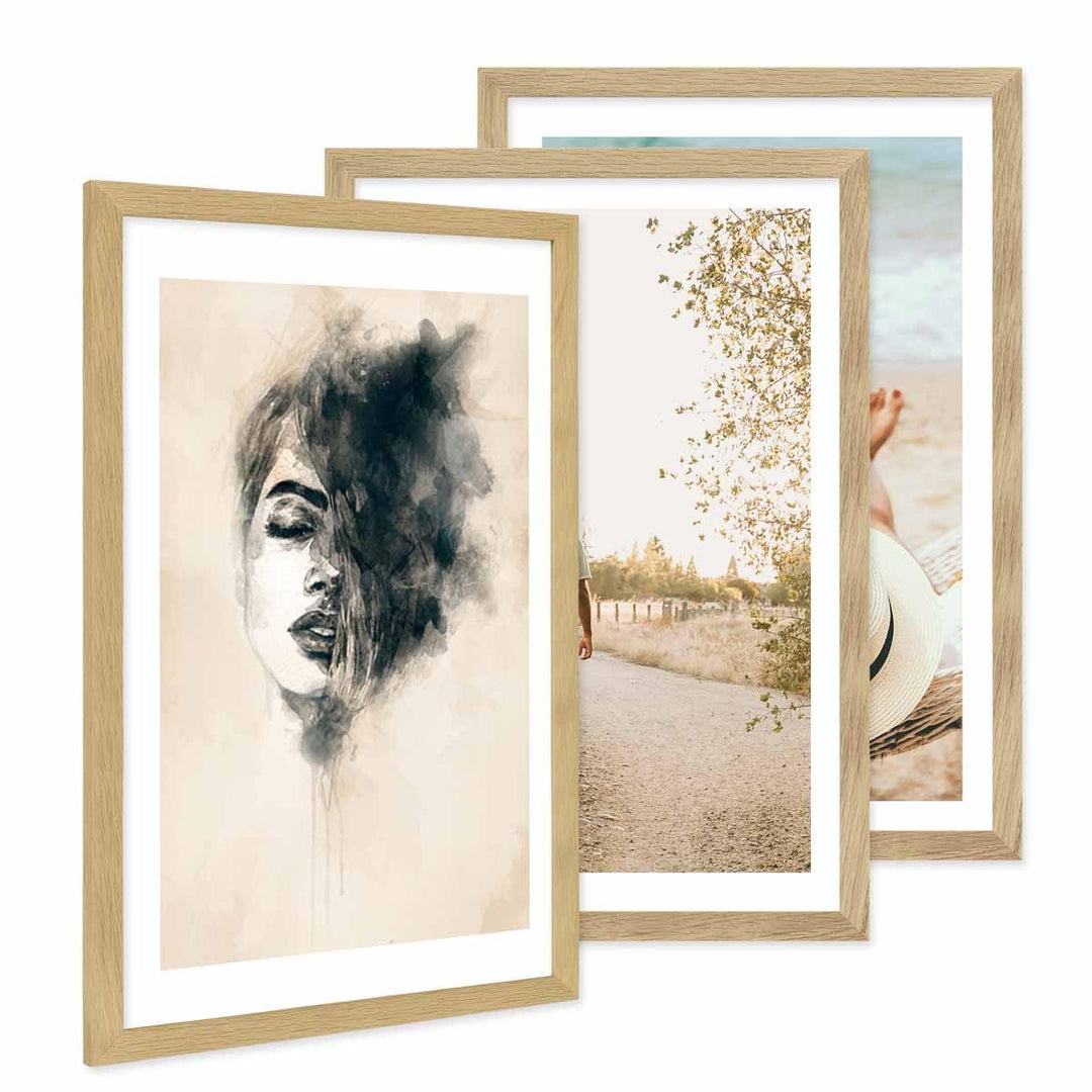 PHOTOLINI Bilderrahmen 40x60 Eiche Holz, 3er Set breite 40x60 cm Bilderrahmen mit bruchsicheres Acry