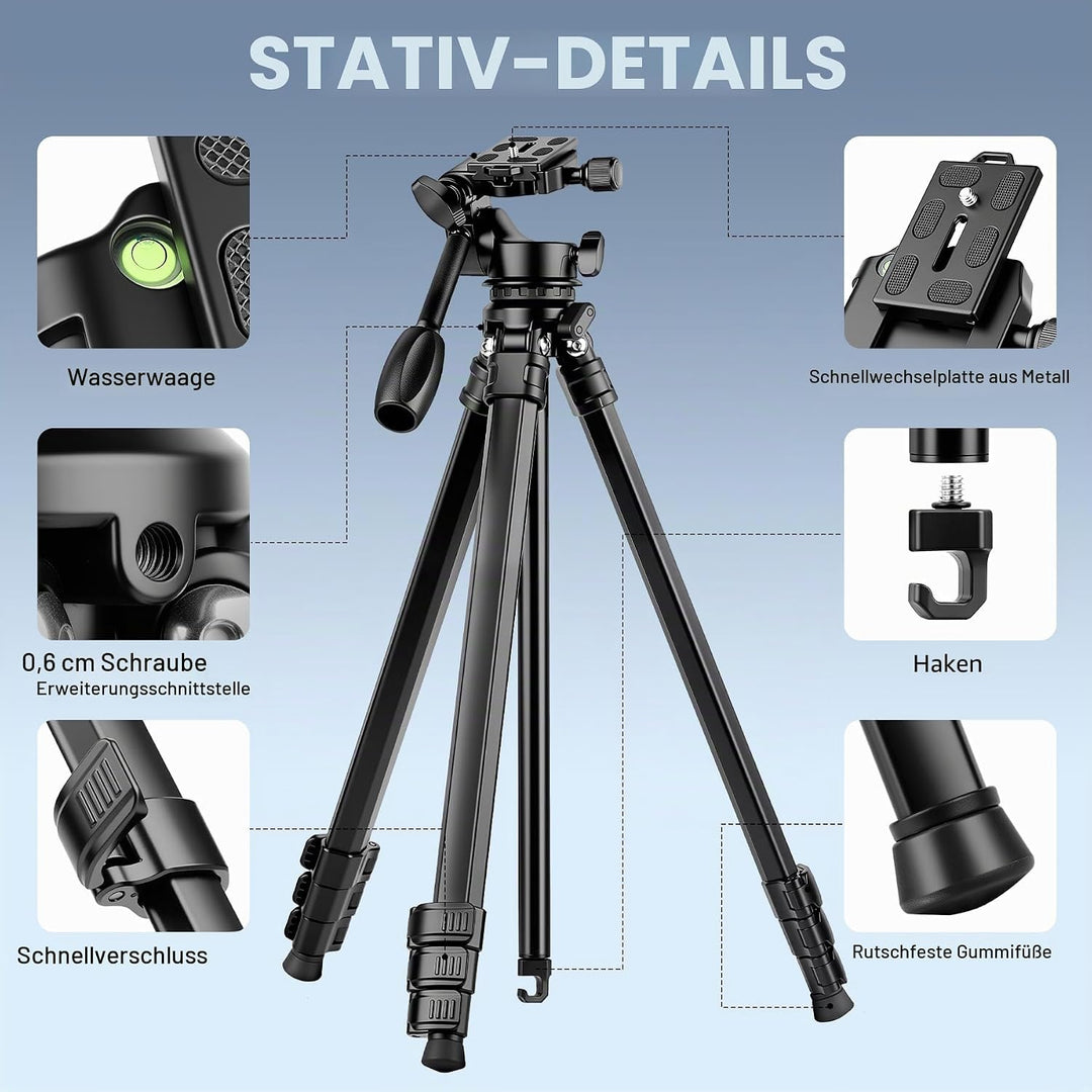Victiv Professionelles Kamera Stativ, 170cm Vollaluminium-Stativ mit Abnehmbarer 3-Wege-Metallkopf f