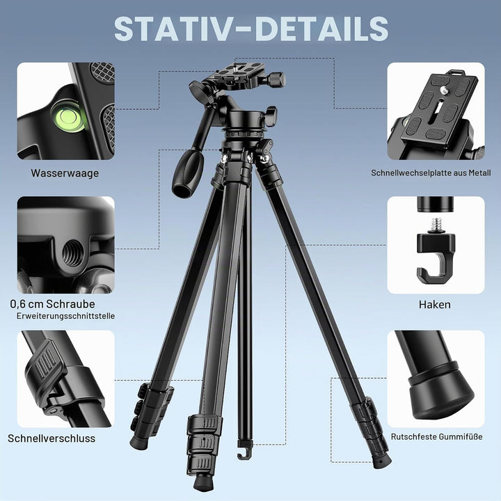 Victiv Professionelles Kamera Stativ, 170cm Vollaluminium-Stativ mit Abnehmbarer 3-Wege-Metallkopf f