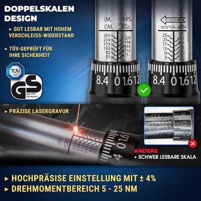 S&R Drehmomentschlüssel Fahrrad & Motorrad SET 1/4", 272 mm, Messbereich 5 bis 25 Nm inkl. 7 Bits: H