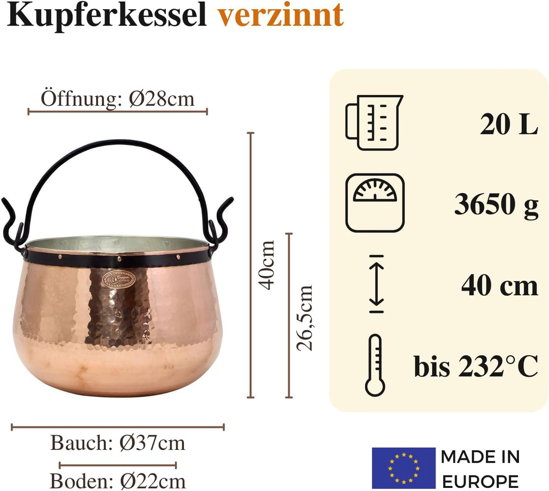 CopperGarden Kupferkessel 20 L mit Henkel I Robuster Kessel aus verzinntem Kupfer: Ideale Wärmeleitu