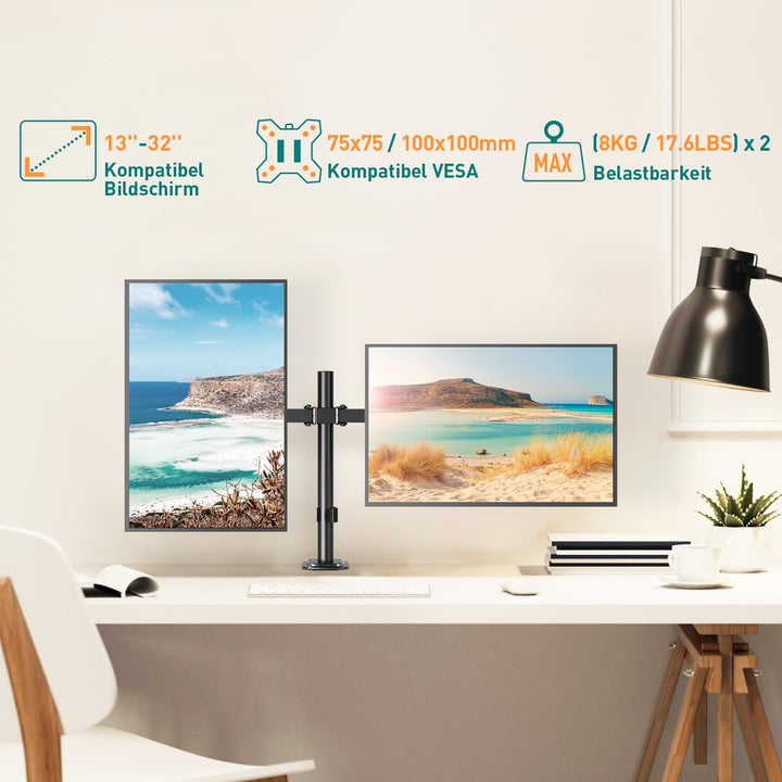 ELIVED Monitor Halterung 2 Monitore für 13-32 Zoll LED/LCD Bildschirm von VESA 75/100, Dual Monitor