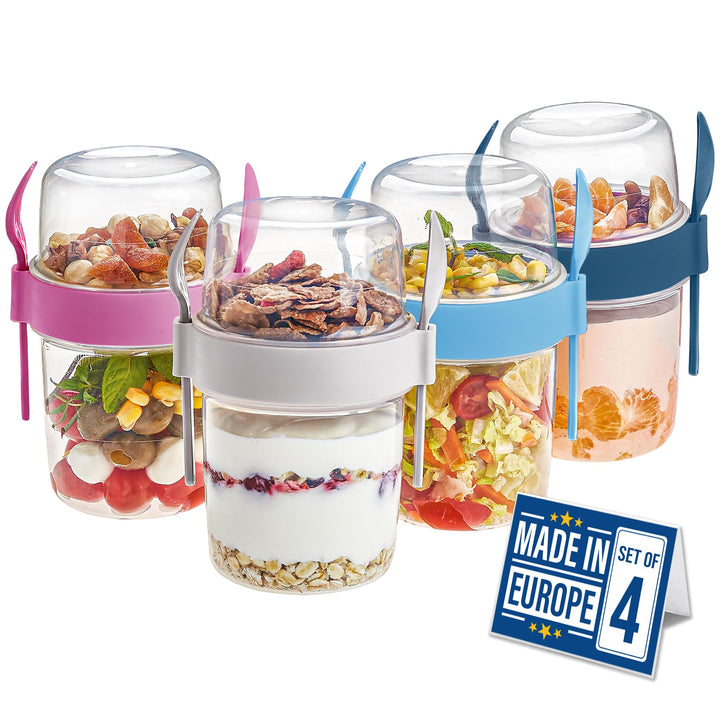 Crystalia Müslibecher to Go mit Löffel & Gabel Set 4, 100% BPA-FREI Joghurt Becher to Go mit Deckel,