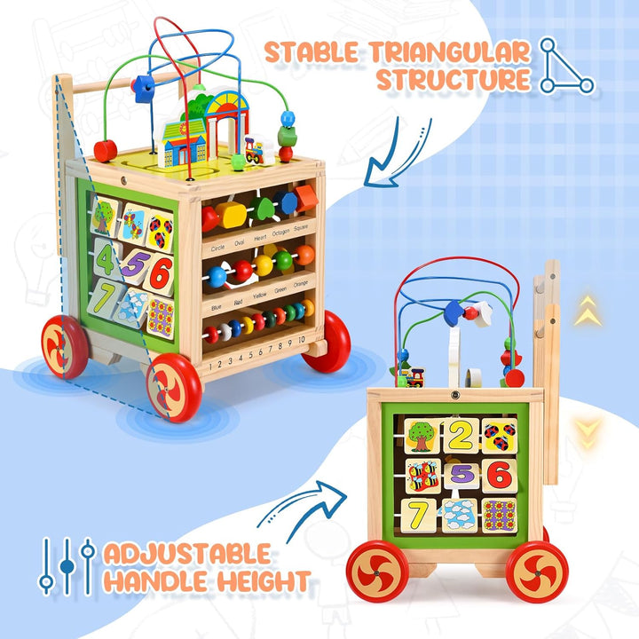 Lauflernwagen aus Holz - Höhenverstellbare Lauflernhilfe mit Puzzle, und Zahlen - Pädagogisches Baby