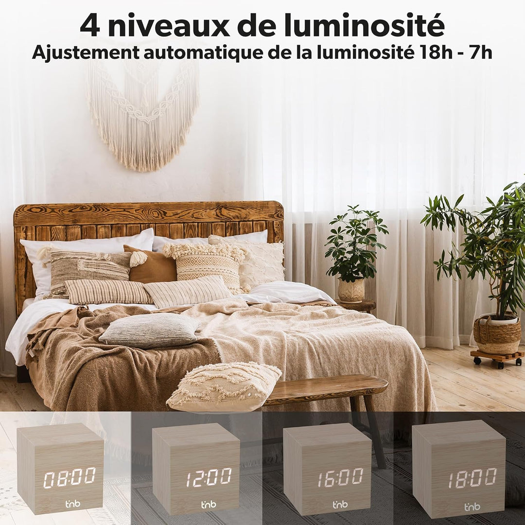 T'NB - Moderner digitaler Wecker aus Holz, multifunktionaler LED-Wecker, digitale Uhr mit Zeitanzeig