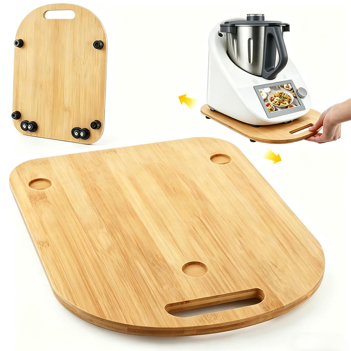 Gleitbrett für Thermomix TM6/TM5, Bambus Unterlegbrett mit Rollen & Handgriff, Schiebebrett Zubehör