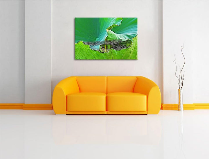 kleines Spinnennetz zwischen grossen Blättern NewArt Format: 100x70 cm auf Leinwand, XXL riesige Bil