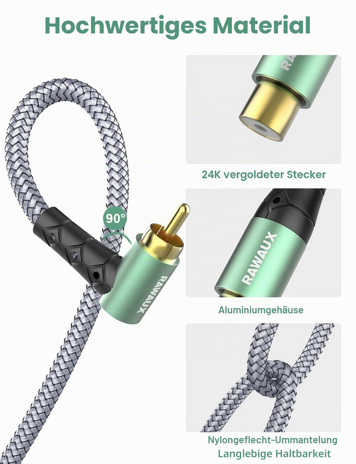 Cinch Verlängerung Kabel 3m, 90 Grad Gewinkelt Cinch Audiokabel Stecker zu Buchse Stereo Subwoofer K