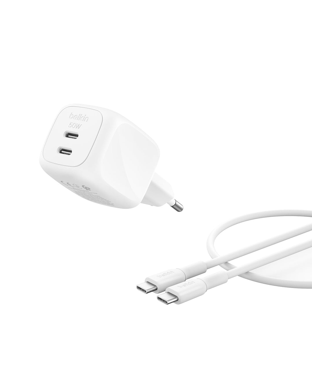 Belkin SmartProtect 2 Port USB C Ladegerät, 50W, GaN-Ladegerät mit 2 Anschlüssen, 1 m USB-C-Kabel, S