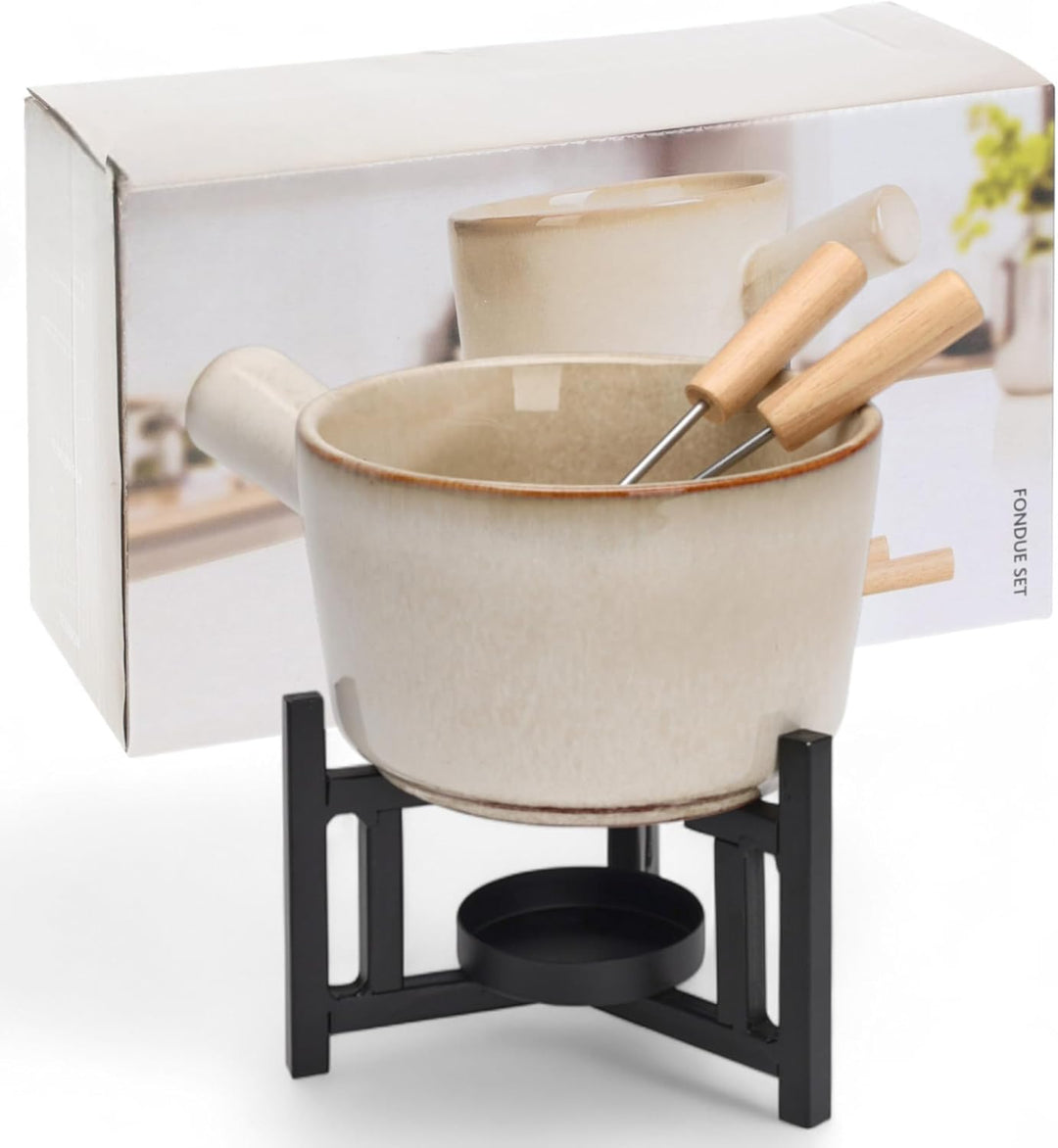 MIJOMA Fondue Set für 2 Personen – Keramiktopf mit Metallgestell & Edelstahlgabeln – Schokoladen- &