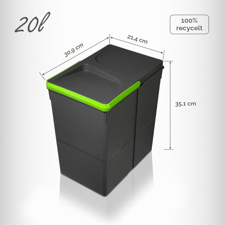 Mülltrennsystem 3x20l anthrazit, Mülleimer Küche für Schublade oder Unterschrank, geruchsdicht, spül