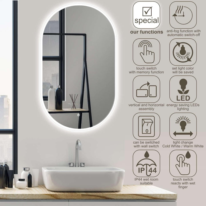 SOGOO® LED Wandspiegel oval 45 x 75 cm mit Mattglas, einfach Montage, Ovaler Badspiegel, Kleiner Spi