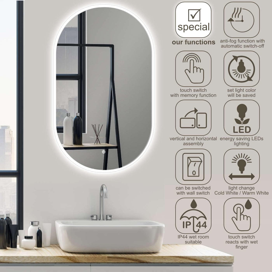 SOGOO® LED Wandspiegel oval 50 x 90 cm mit Mattglas, einfach Montage, Ovaler Badspiegel, Spiegel mit