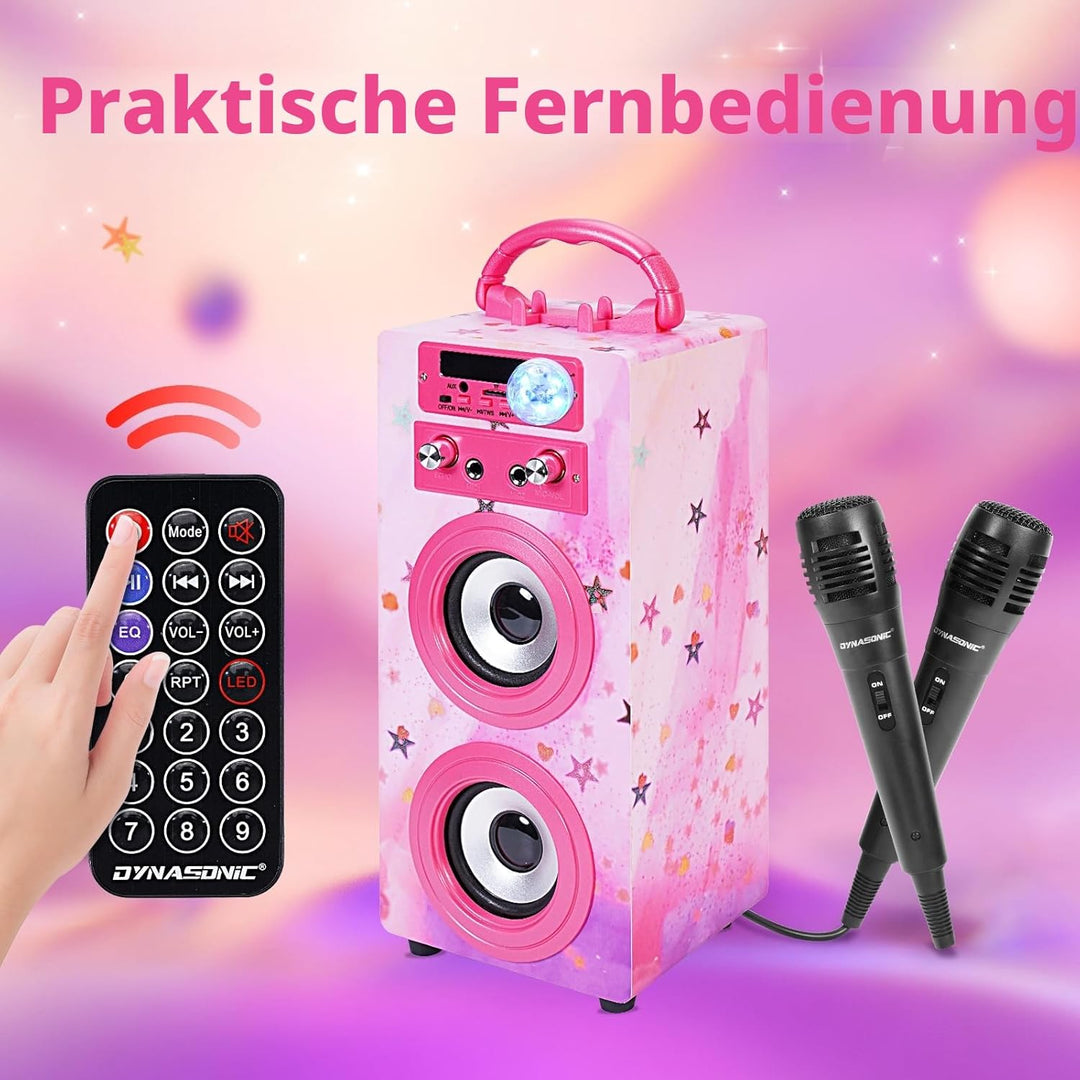 DYNASONIC Karaoke mit 2 Mikrofonen, tragbarer Karaoke-Maschine, Bluetooth-Lautsprecher, USB- und SD-