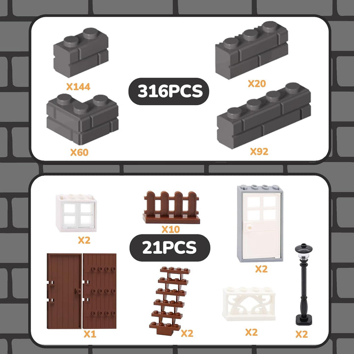 Cabeeskii 337 Stück Bausteine, Masonry Profile Bricks, Enthält Steine Fenster Türen Zäune Sets zubeh
