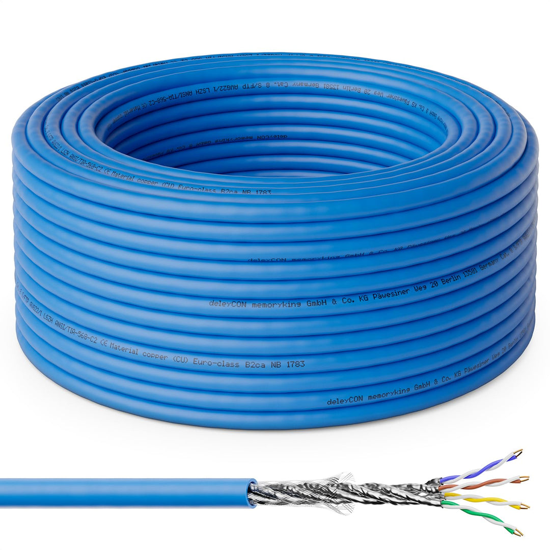 deleyCON 10m CAT 8 Verlegekabel Kupfer CU S/FTP 40Gbps - Blau | Starr, PIMF Schirmung, 2000MHz, AWG2