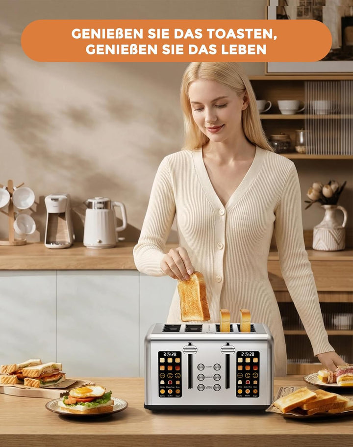Toaster 4 Scheiben, LED-Touchscreen, Edelstahl Langschlitztoaster, 6 Bräunungsstufen, 6 Brotprogramm