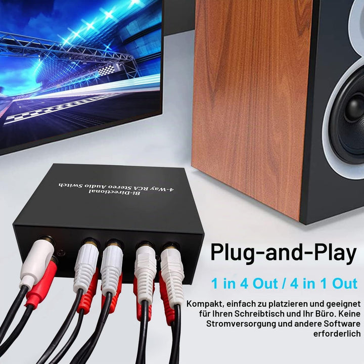 XMSJSIY 4-Wege Bidirektional L/R RCA Stereo Audio Switcher, 1 in 4 Out oder 4 in 1 Out, L/R Sound Ch