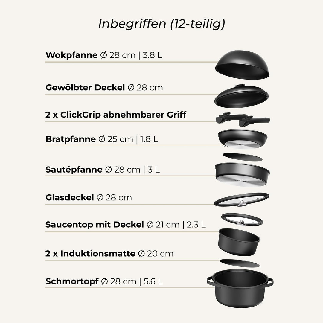 Pro Topf und Pfannenset 12-teilig Induktion, Abnehmbarer Griff, Stapelbar, Platzsparend, Backofenfes