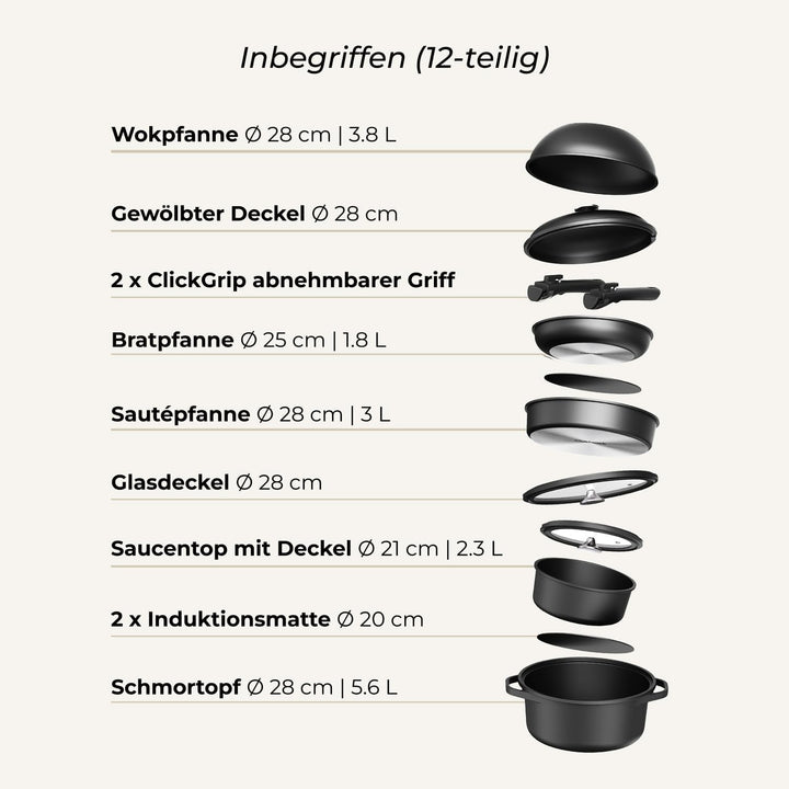 Pro Topf und Pfannenset 12-teilig Induktion, Abnehmbarer Griff, Stapelbar, Platzsparend, Backofenfes