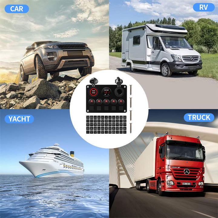 KAOLALI Schaltpanel 12V/24V Kippschalter 5 Gang IP65Wasserdicht + 4.2A Dual USB Ladegerät + Zigarett