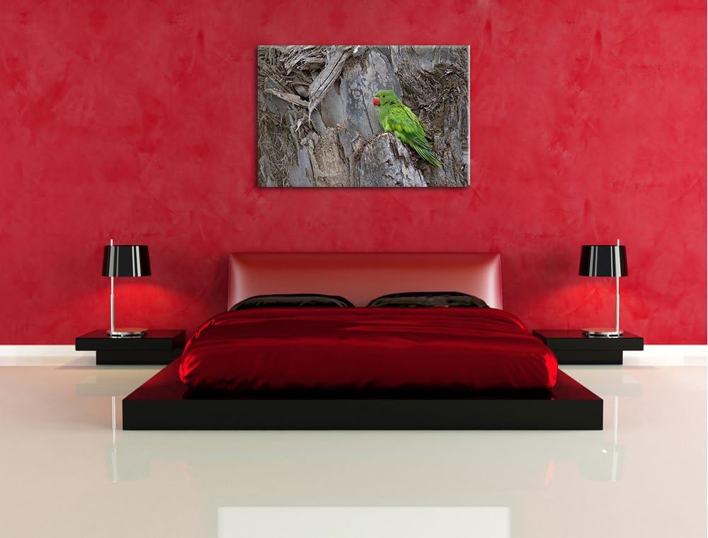 grüner Papagei im Gehölz Leinwand, XXL riesige Bilder fertig gerahmt mit Keilrahmen, Kunstdruck auf