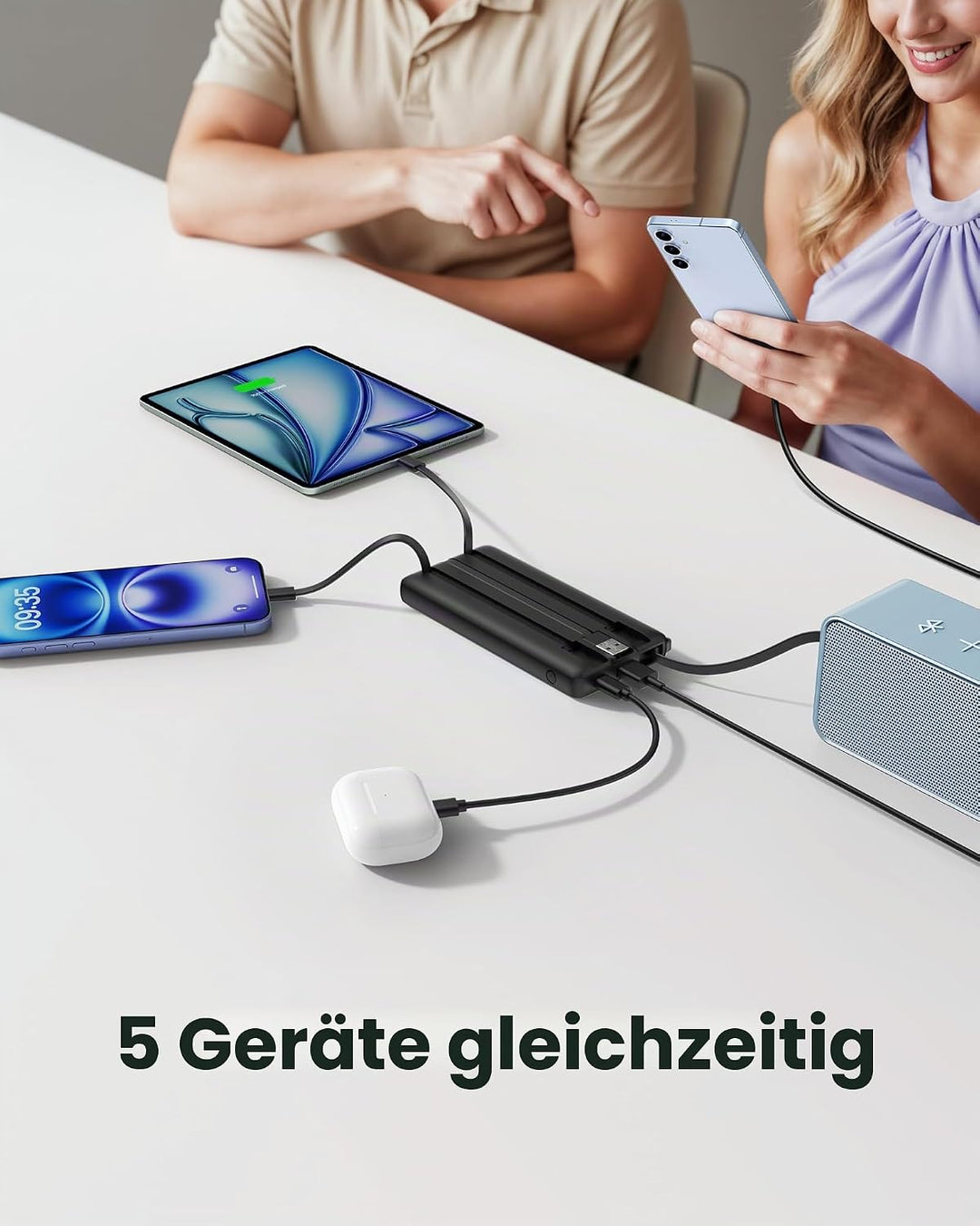 Power Bank mit Ladekabel, 10000mAh Tragbares Ladegerät USB C, 5 Ausgänge 2 Eingänge LED Display Exte
