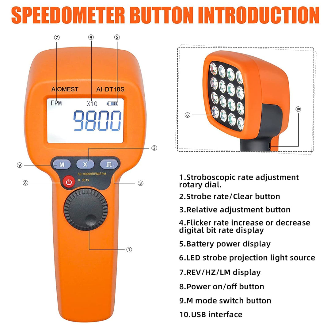 AIOMEST Digitales LED Stroboskop Tachometer Messung 60~99,999 RPM/Hz, wiederaufladbare berührungslos
