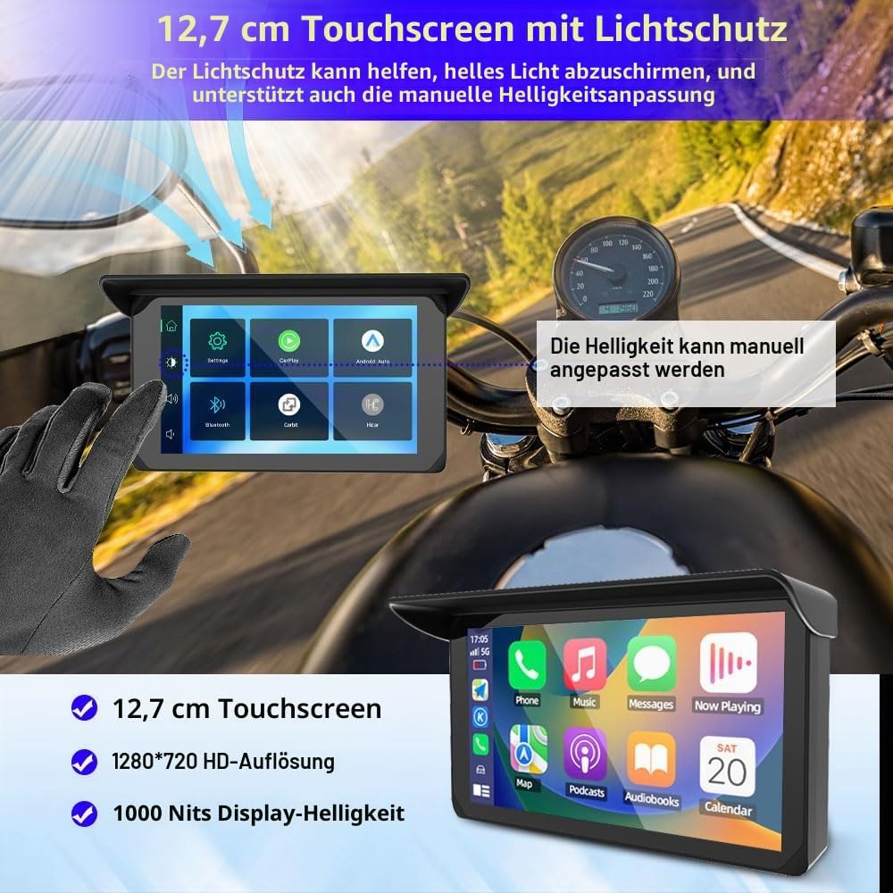 VSYSTO CP5 Motorrad Carplay Bildschirm, Kabelloses CarPlay und Android Auto, 5 Zoll Wasserdichtem To