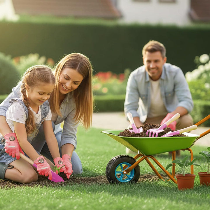 Schubkarrenset für Kinder, Gartenschubkarre en Metal, Kinder Gartengeräte, Gartenwerkzeug Kinder zum