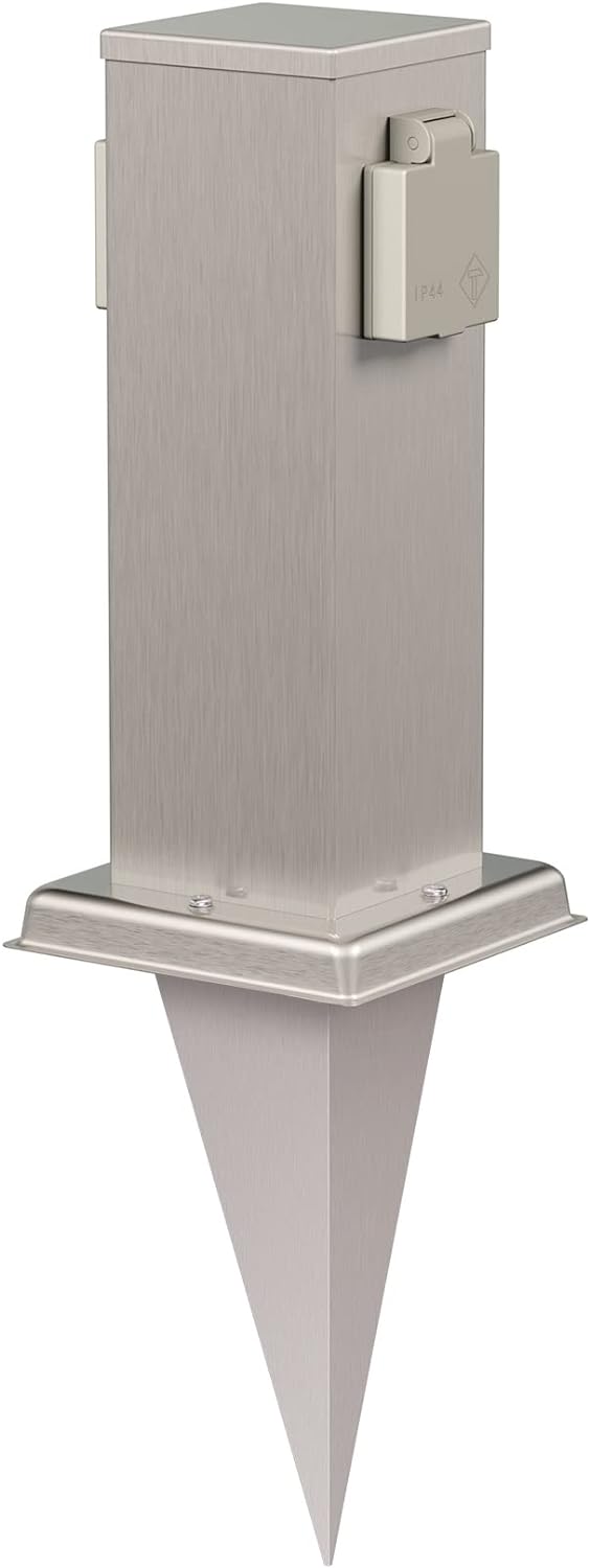 ledscom.de Garten-Steckdosen-Säule Polly mit Erdspiess für aussen, 2-Fach, Edelstahl, eckig, 27cm 1
